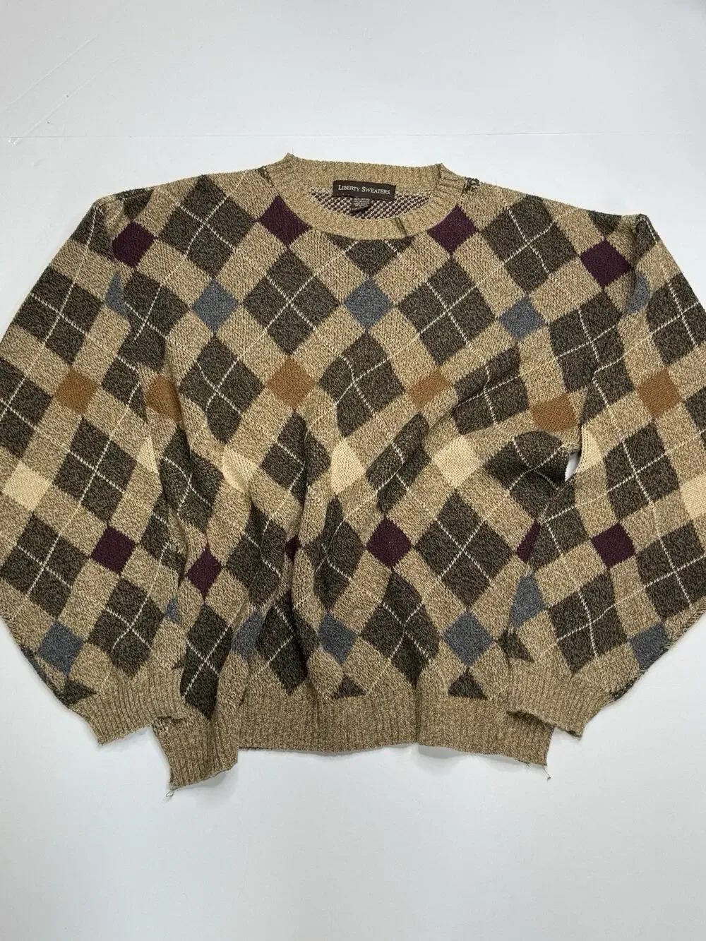 Vintage 90s Liberty Sweaters Argyle Knit Mens L USA Cotton Ramie Grandpa